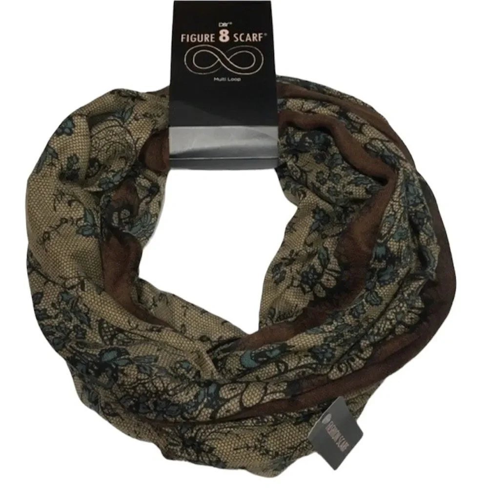 D&Y BOHO COTTAGECORE FLORAL FIGURE‎ 8 MULTI LOOP BROWN SCARF NWT